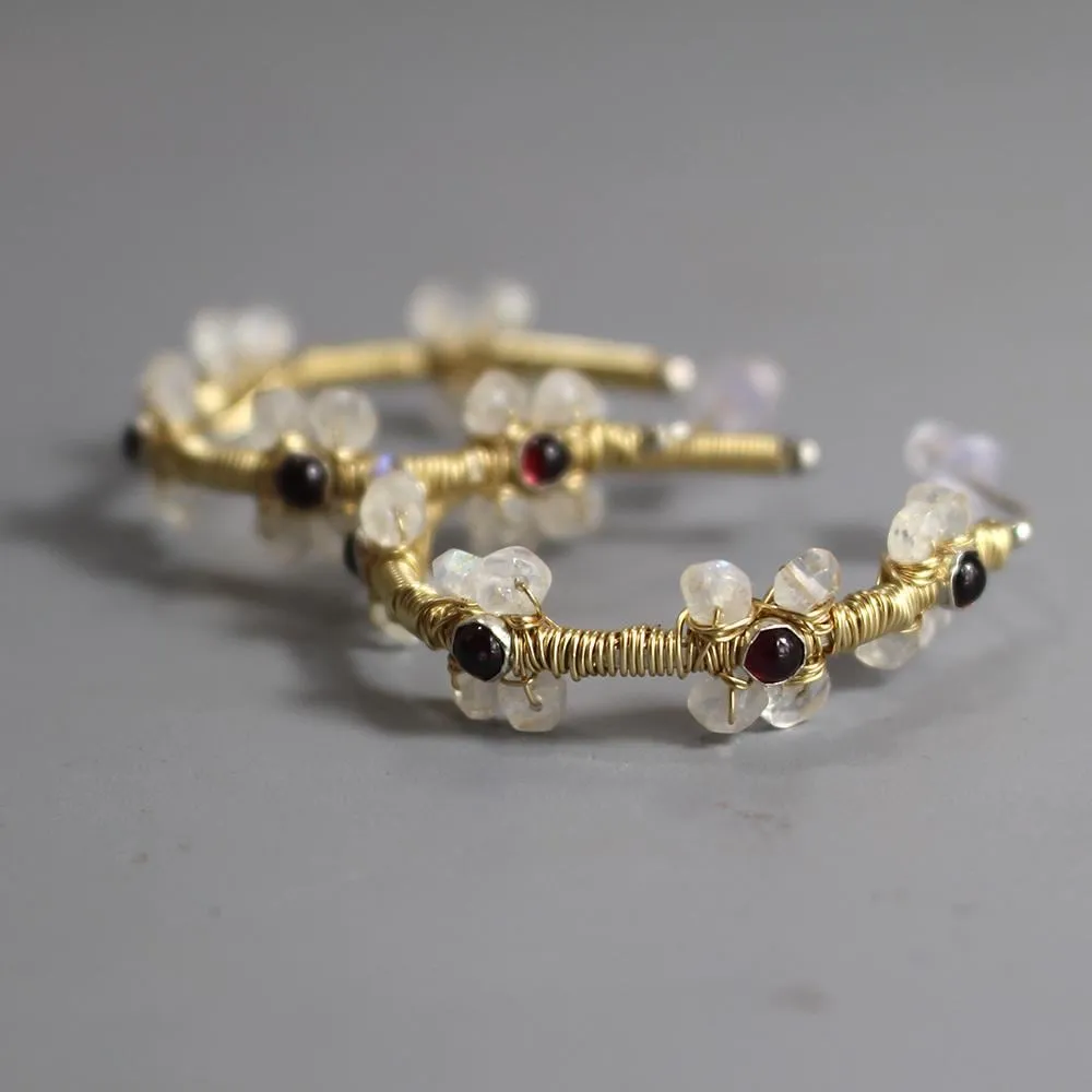 Garnet Moonstone Jasmine Hoop Earrings