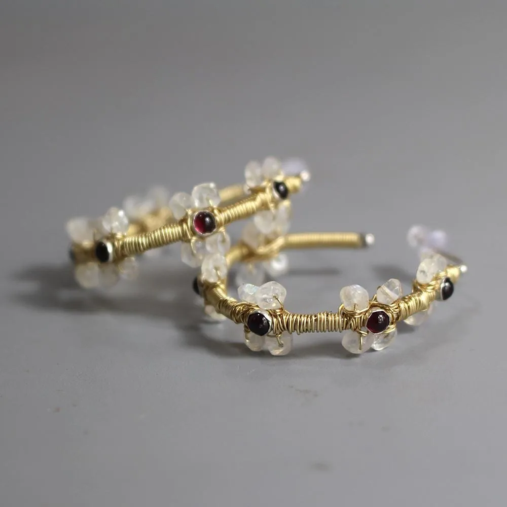 Garnet Moonstone Jasmine Hoop Earrings