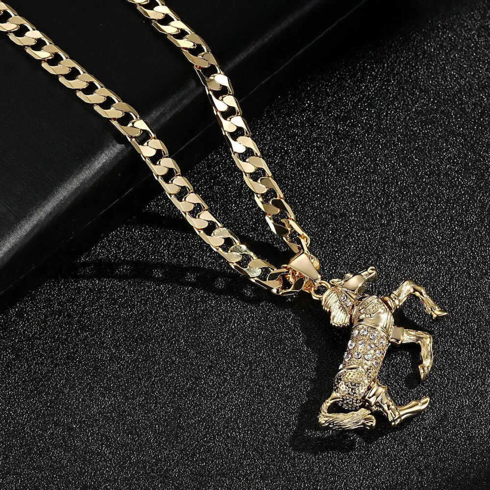 Gold Filled Bonded Horse Pendant with Pink Stones 24 Inch 4mm Cuban Chain