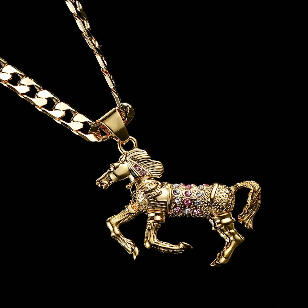 Gold Filled Bonded Horse Pendant with Pink Stones 24 Inch 4mm Cuban Chain