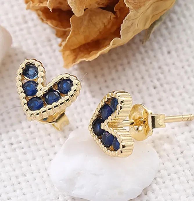 Gold Jewel Inlay Heart Stud Earrings