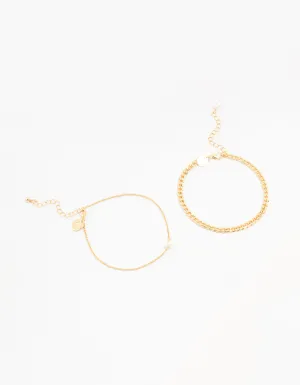 Gold Plated Pearl Curb Anklets 2-Pack