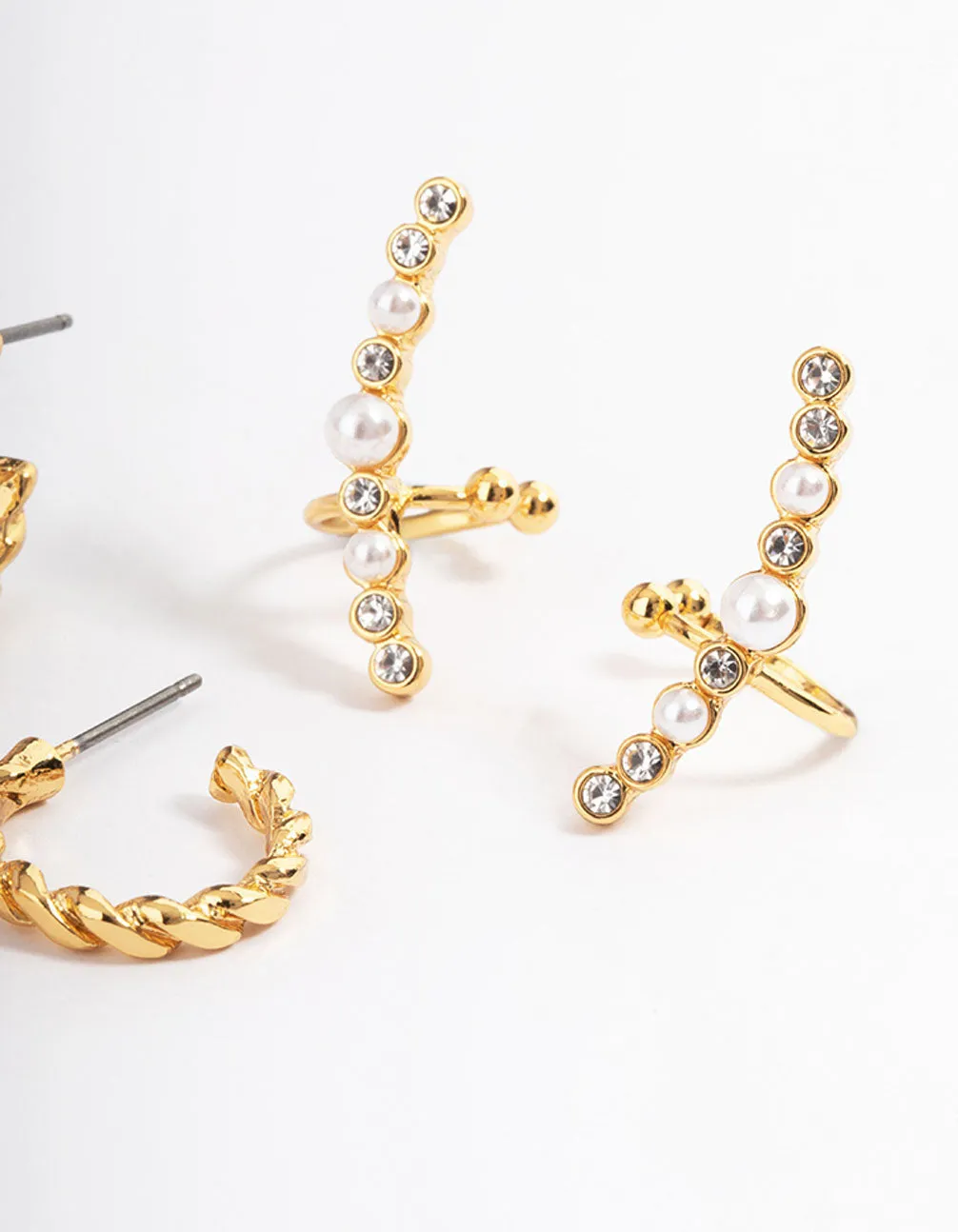 Gold Plated Pearl Diamante Cuff & Double Hoop Earring Pack