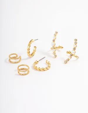 Gold Plated Pearl Diamante Cuff & Double Hoop Earring Pack