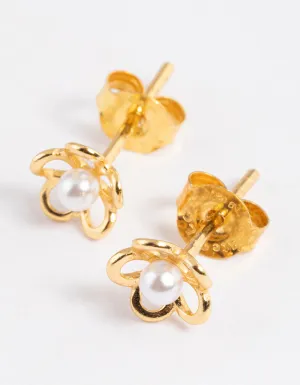 Gold Plated Sterling Silver Pearl & Flower Stud Earrings