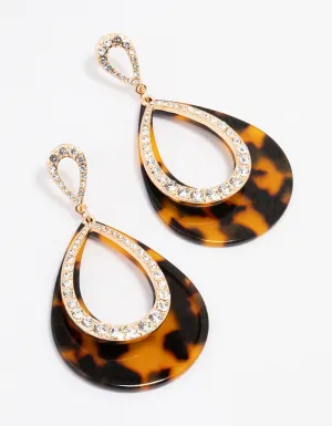 Gold Tortoiseshell Diamante Teardrop Statement Earrings