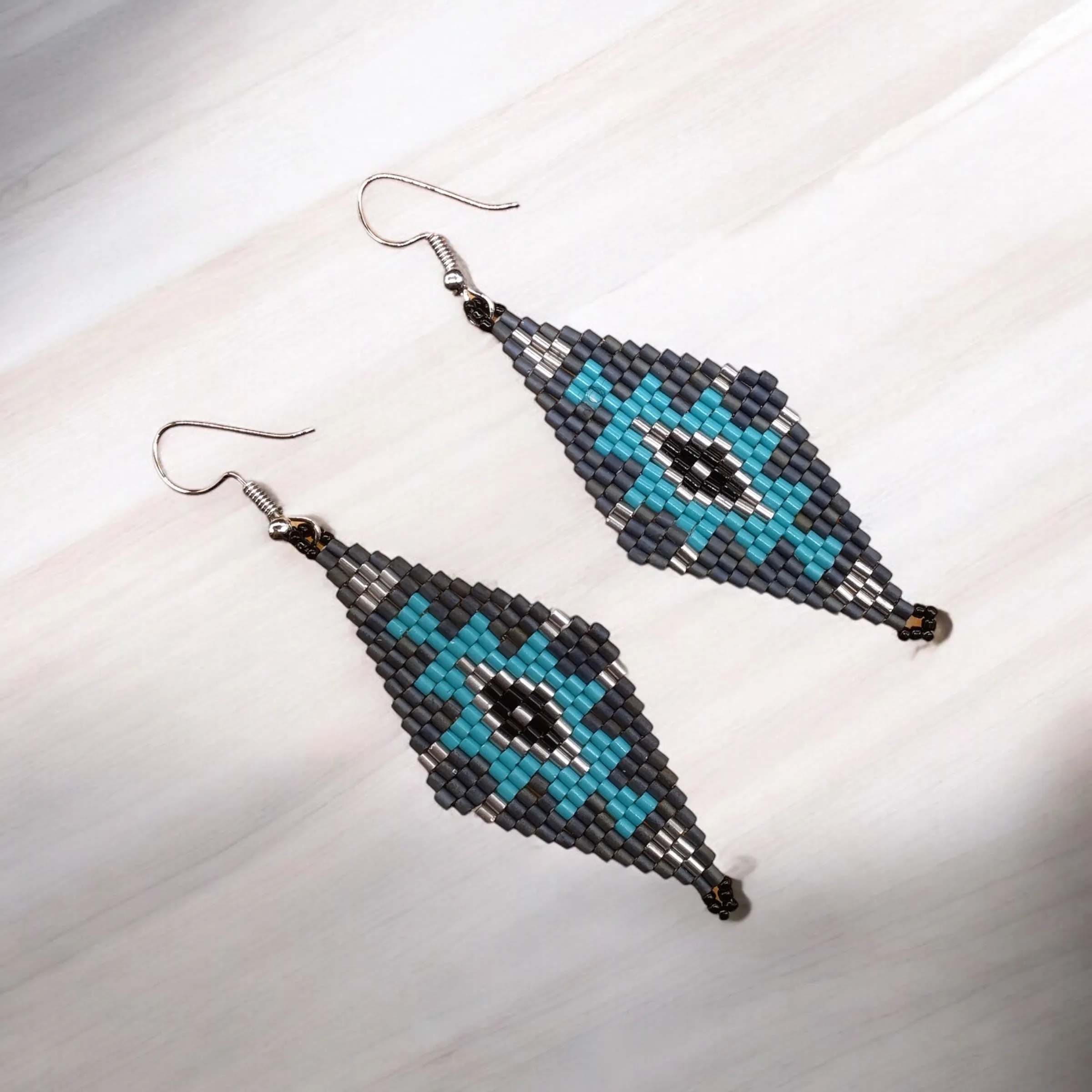 Grey and Turquoise Miyuki Glass Beaded Earrings