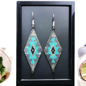 Grey and Turquoise Miyuki Glass Beaded Earrings