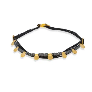 Handmade Black Bracelet With 6 Raws of Black Cord, Gold Plated Silver Elements & Hematites