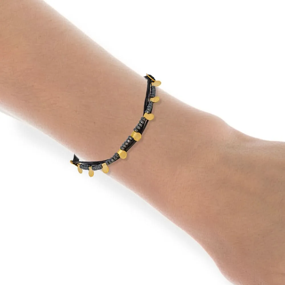 Handmade Black Bracelet With 6 Raws of Black Cord, Gold Plated Silver Elements & Hematites