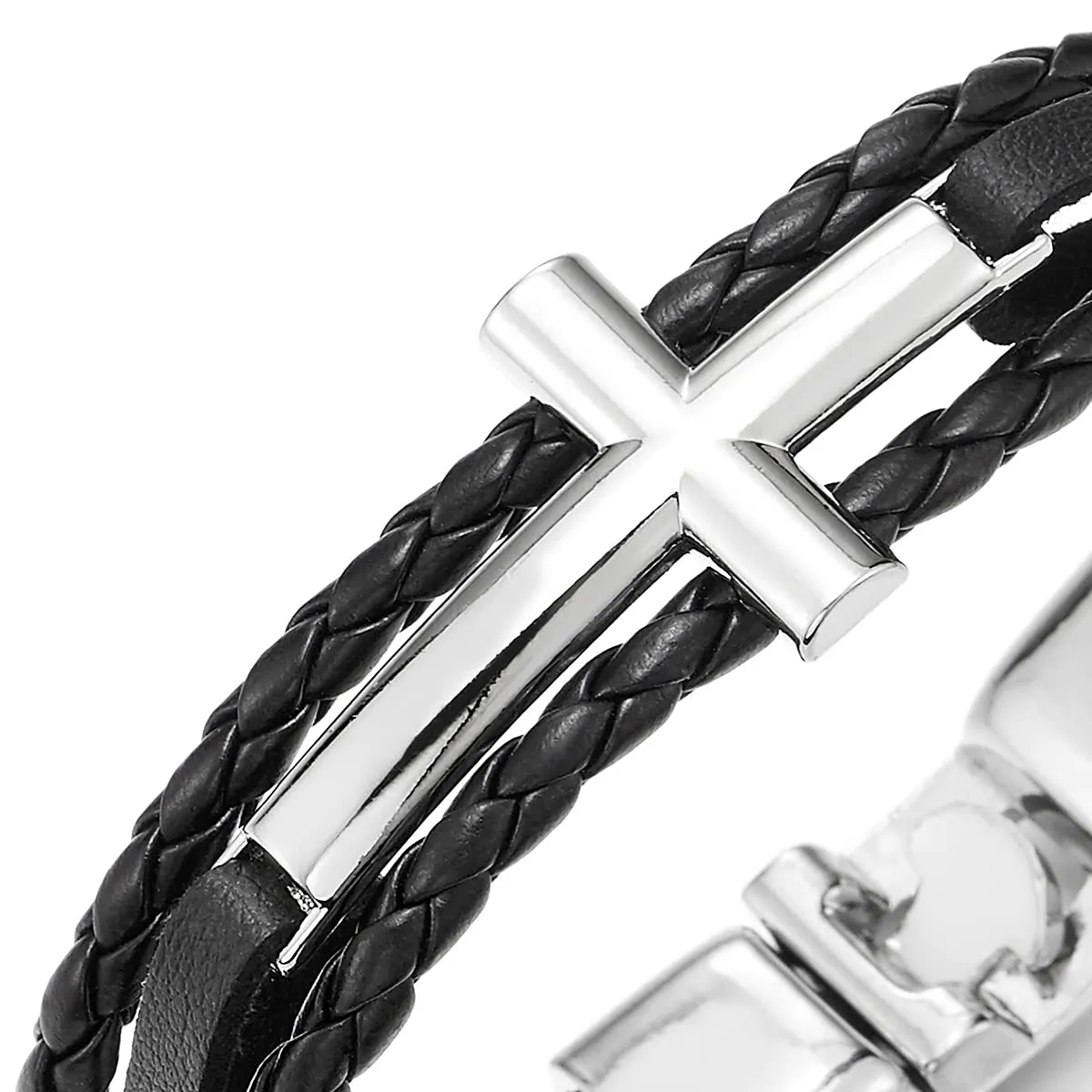 Horizontal Sideway Lateral Cross Black Braided Leather Bangle Wristband Bracelet, Three-Row