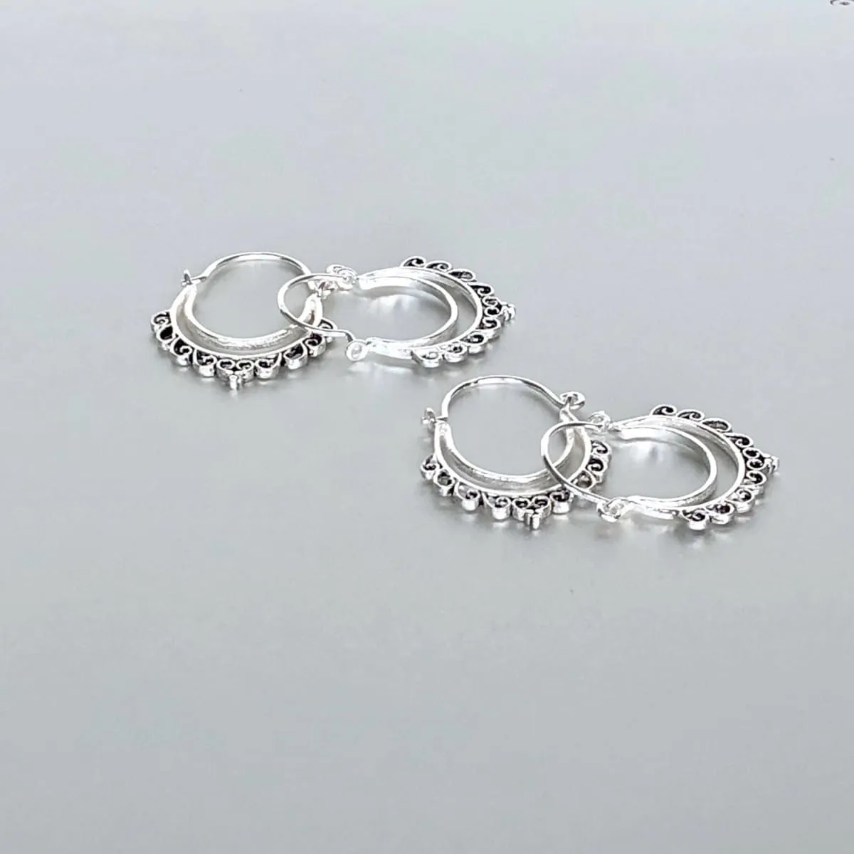 Indian Ear Hoops, Sterling Silver Bohemian Hoops, Silver Hoops, Piercing Hoops, Tribal Earrings, Ethnic Earrings,(E168)