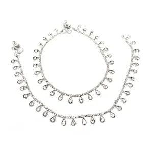 Indian Silver Trendy Chain Bell Anklet Payal Set For Women - Dance Party Gift Everyday Wear - Duel On Jewel