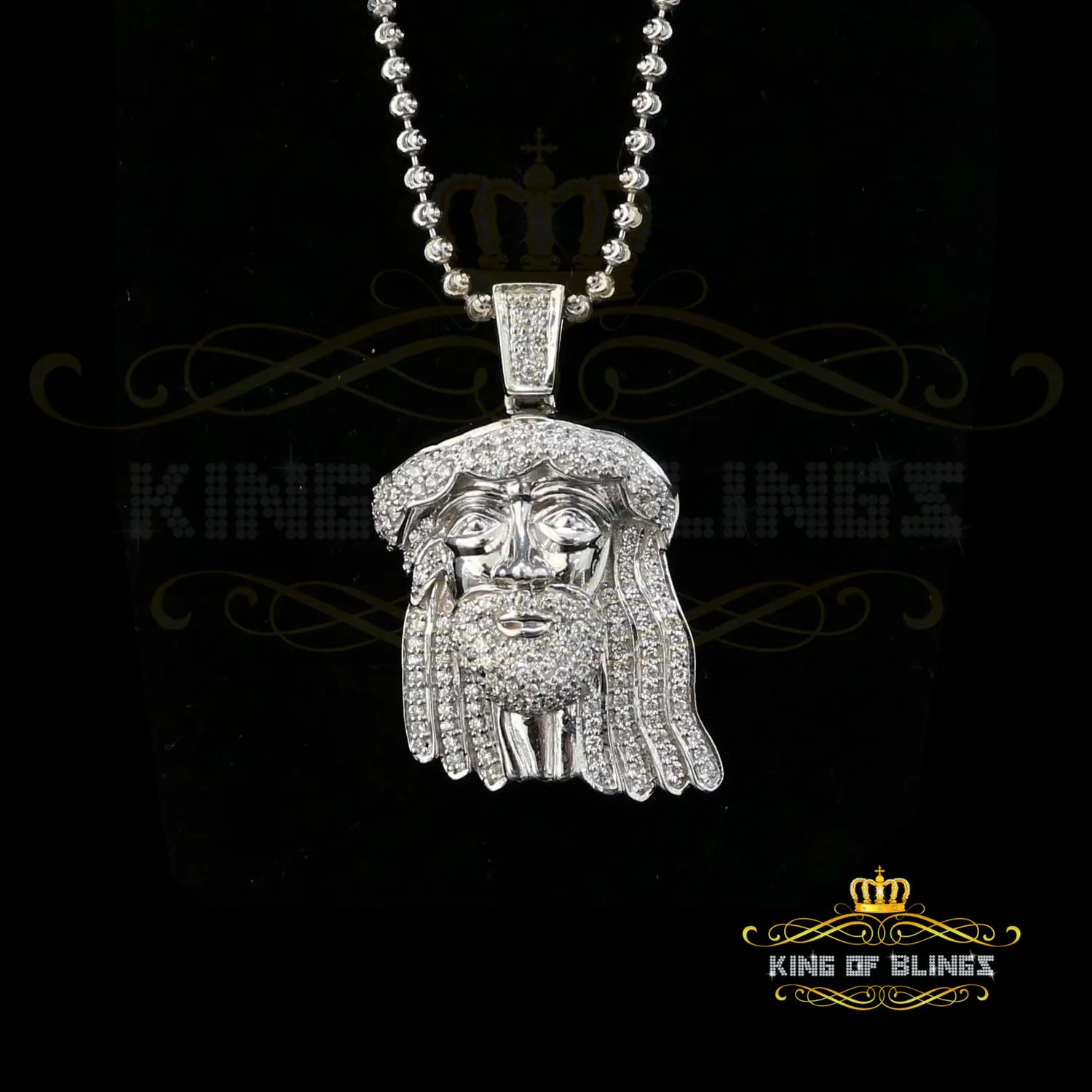 King Of Bling's White 925 Sterling Silver Pendant with Jesus Face Shape 1.89ct Cubic Zirconia