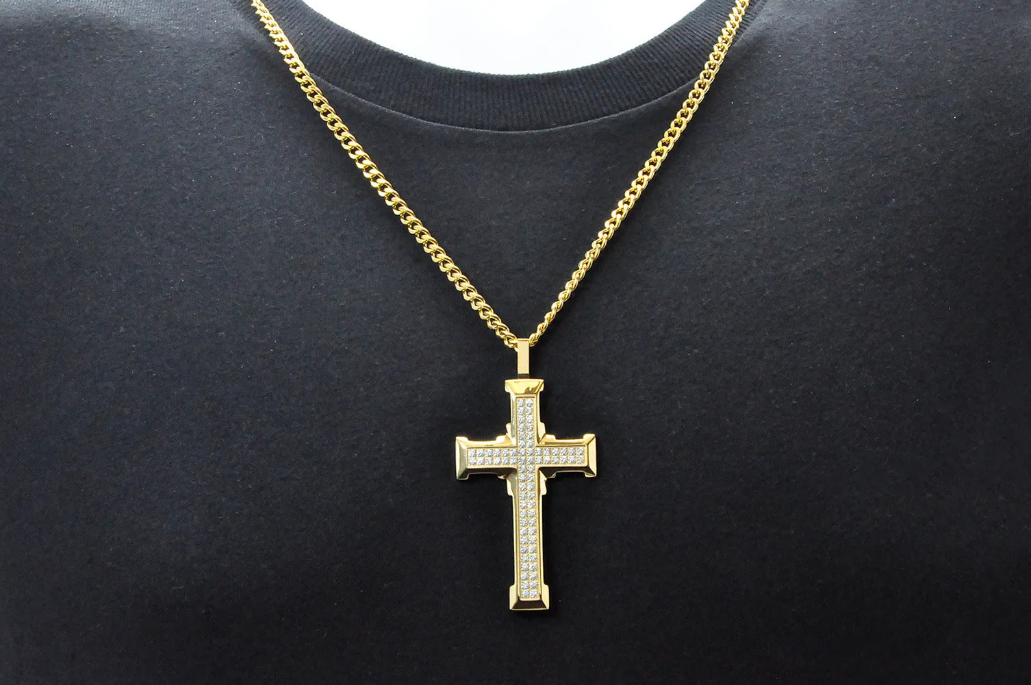 Mens Gold Stainless Steel Cross Pendant With Cubic Zirconia