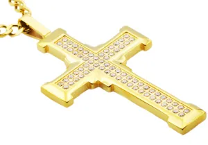 Mens Gold Stainless Steel Cross Pendant With Cubic Zirconia