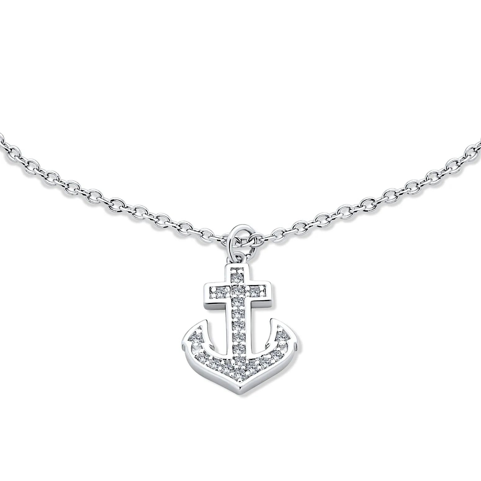 Nautical Anchor Anklet Ankle Bracelet with Cubic Zirconia Charm Sterling Silver