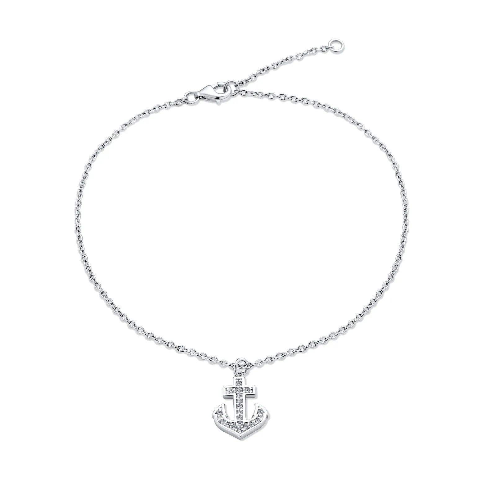 Nautical Anchor Anklet Ankle Bracelet with Cubic Zirconia Charm Sterling Silver