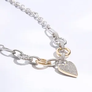 Pave Heart Charm Link Chain Necklace