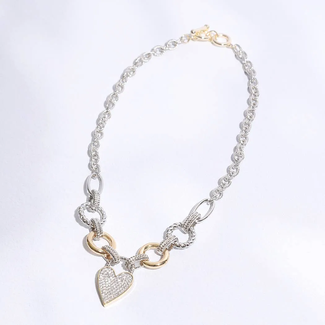 Pave Heart Charm Link Chain Necklace