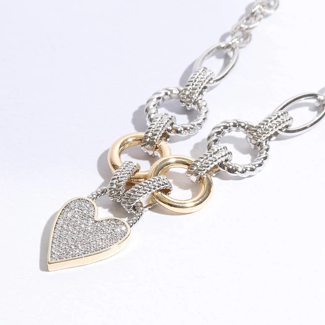 Pave Heart Charm Link Chain Necklace