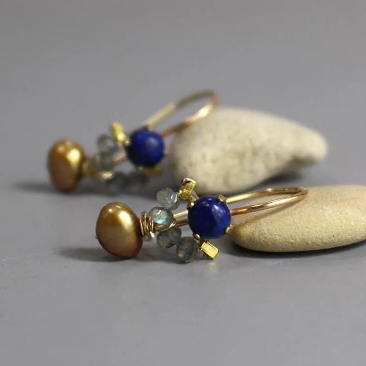 Petite Dancer Lapis Golden Pearl Earrings