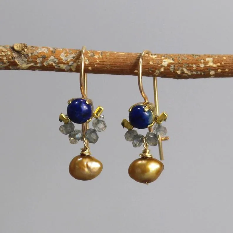 Petite Dancer Lapis Golden Pearl Earrings