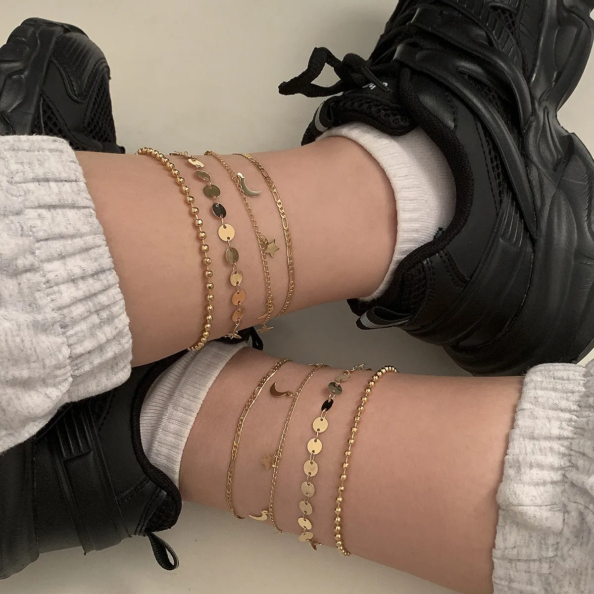 Retro Trendy Geometric Tassel Copper Anklet Set