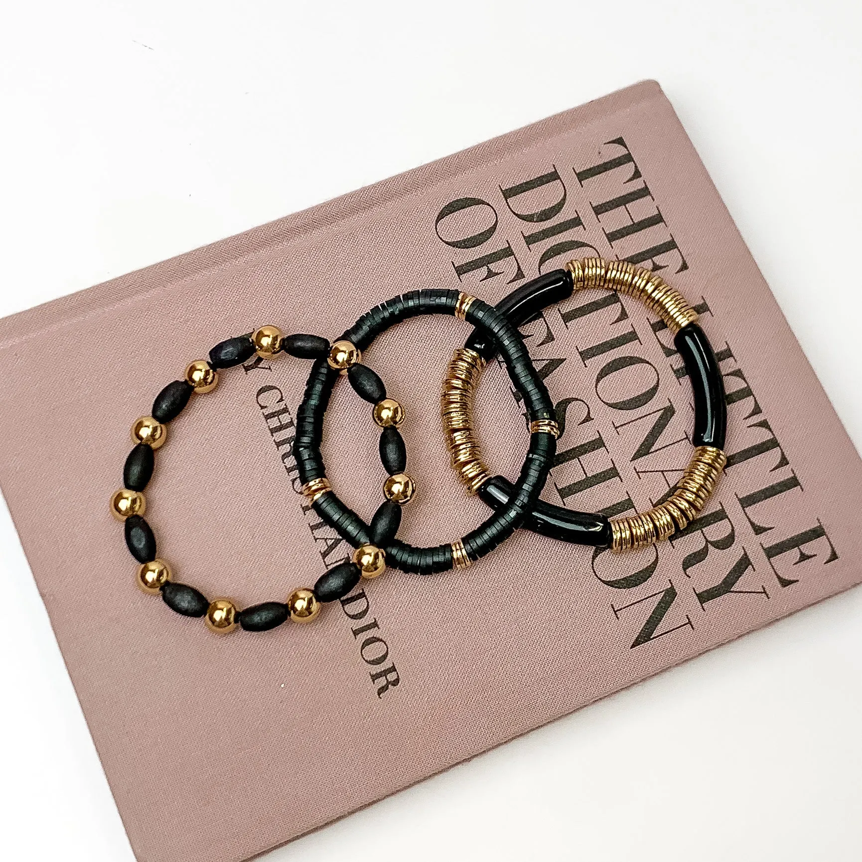 Set of Three | Goldie Goddess Tube and Beads Bracelet Set in Black