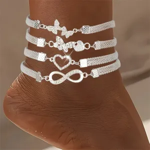 Shiny Heart Butterfly Infinity Crystal Anklet Set – Vintage Silver Foot Jewelry for Women (1-4PCS)