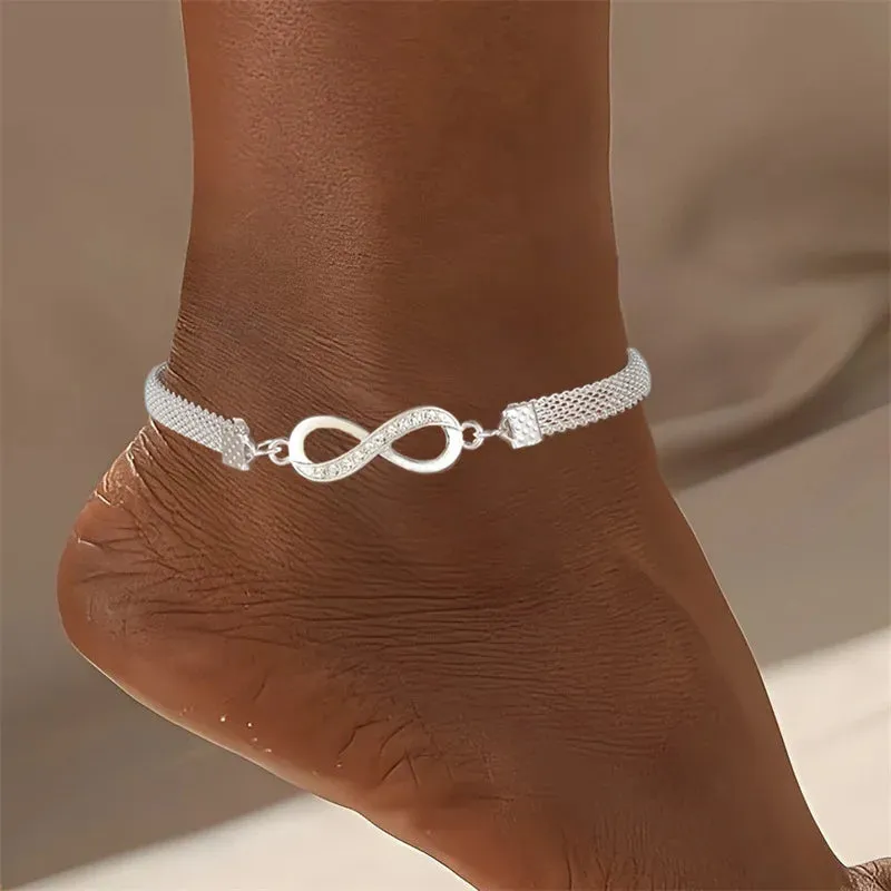 Shiny Heart Butterfly Infinity Crystal Anklet Set – Vintage Silver Foot Jewelry for Women (1-4PCS)