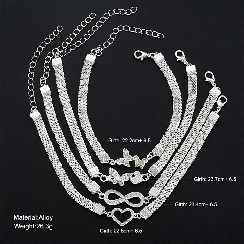 Shiny Heart Butterfly Infinity Crystal Anklet Set – Vintage Silver Foot Jewelry for Women (1-4PCS)