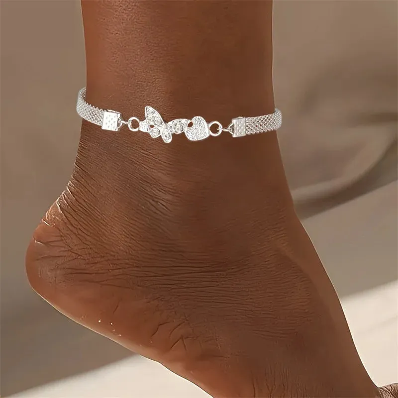 Shiny Heart Butterfly Infinity Crystal Anklet Set – Vintage Silver Foot Jewelry for Women (1-4PCS)