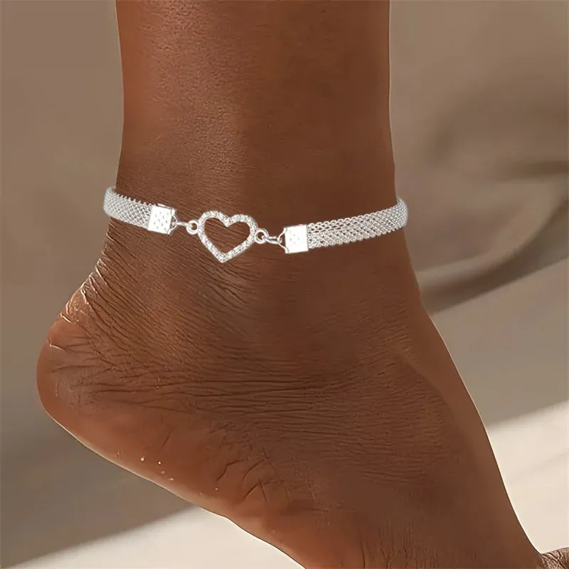 Shiny Heart Butterfly Infinity Crystal Anklet Set – Vintage Silver Foot Jewelry for Women (1-4PCS)