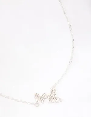 Silver Double Pave Butterfly Short Necklace