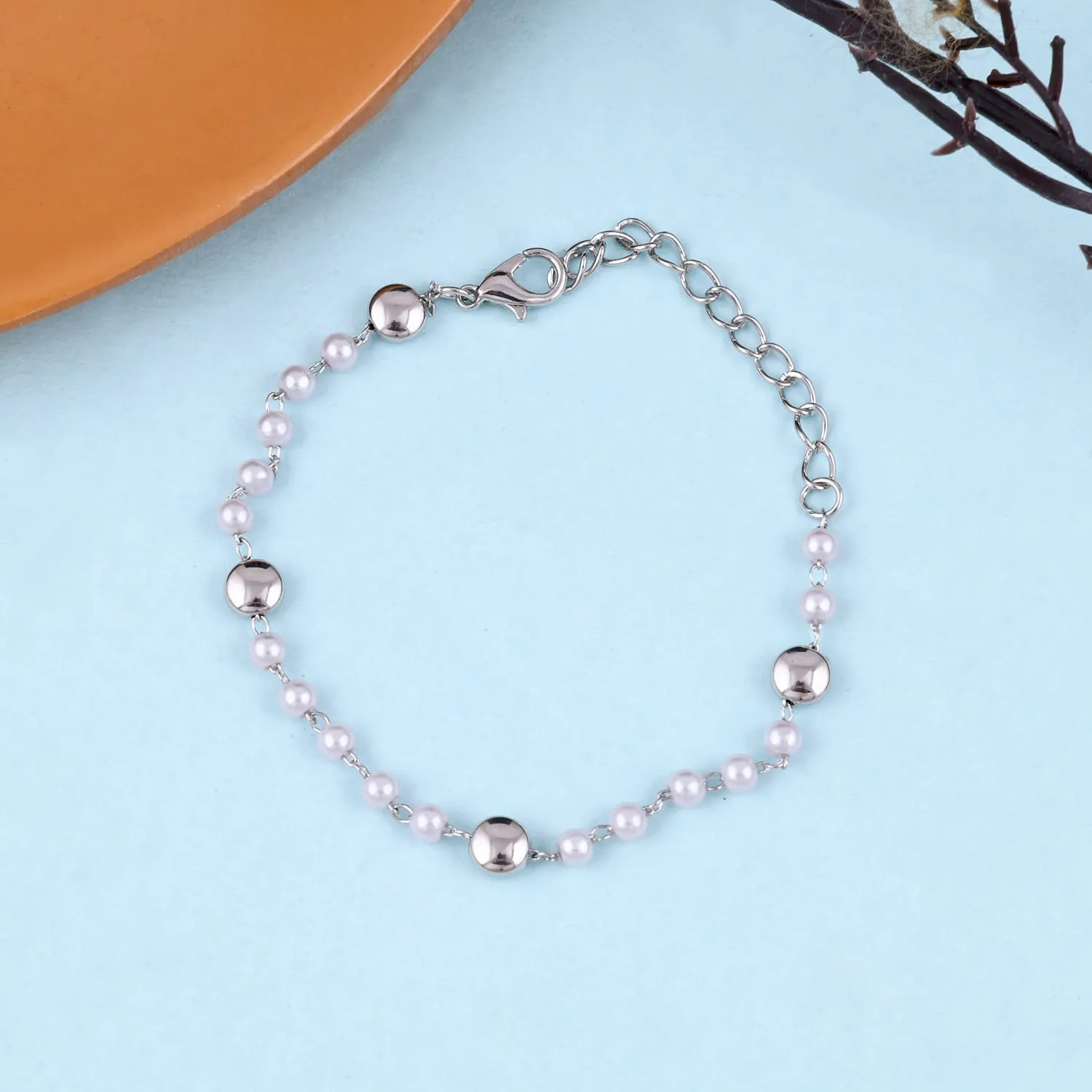 Silver Plated Tiny Pearl Disc Chain Bracelet