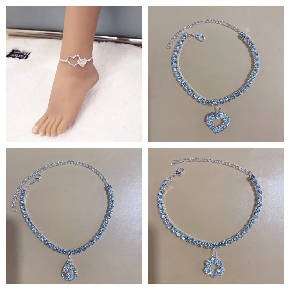 Silver Stretchy Rows Anklet Ankle Chain Rhinestones Foot Jewelry