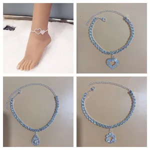 Silver Stretchy Rows Anklet Ankle Chain Rhinestones Foot Jewelry