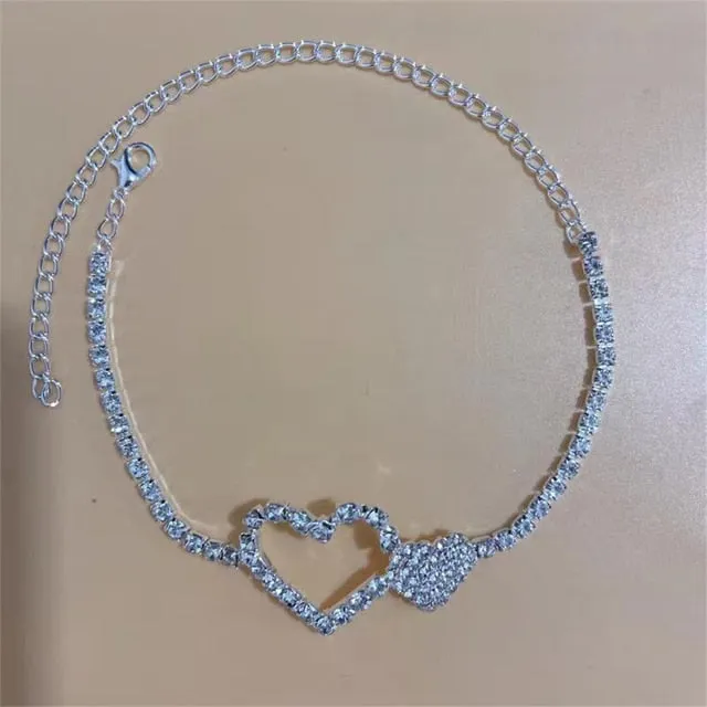 Silver Stretchy Rows Anklet Ankle Chain Rhinestones Foot Jewelry