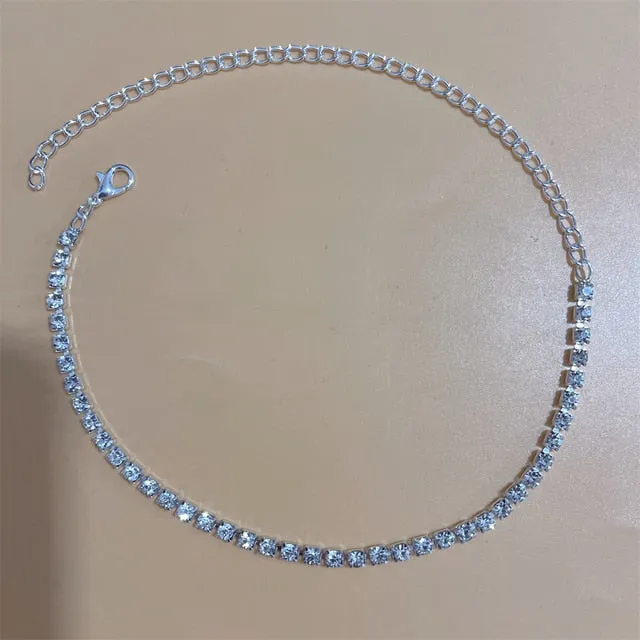 Silver Stretchy Rows Anklet Ankle Chain Rhinestones Foot Jewelry