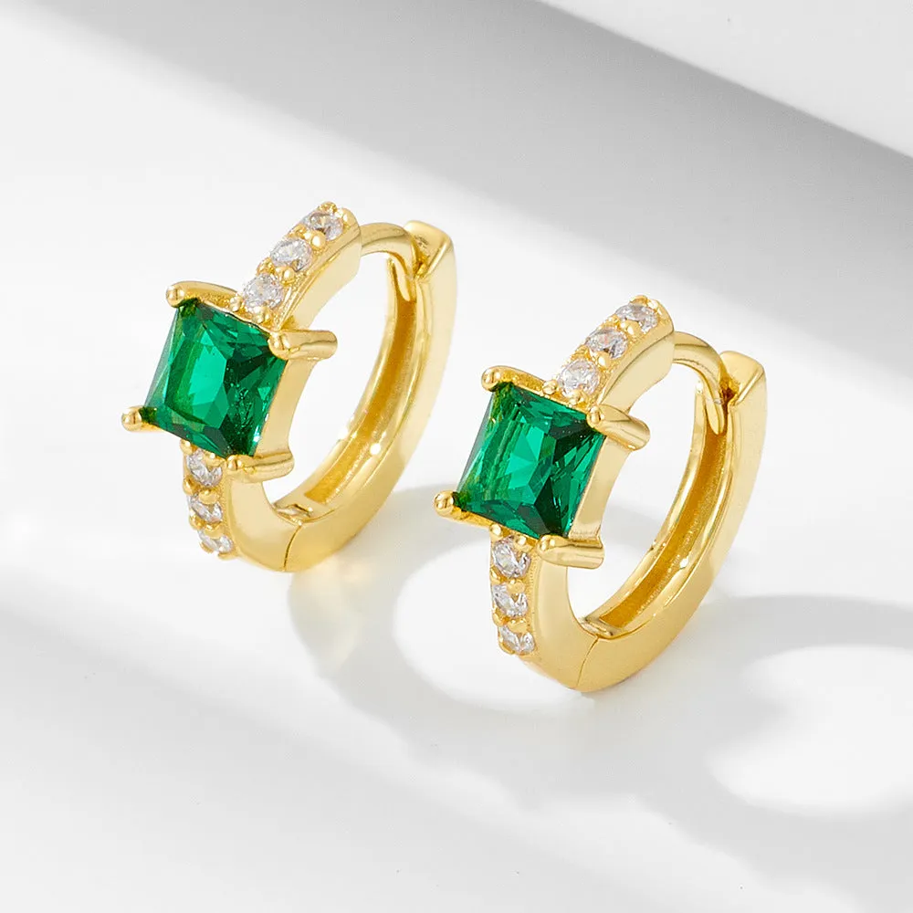 Square Green Zircon Sterling Silver Hoop Earrings