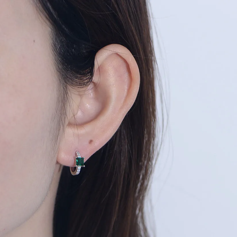 Square Green Zircon Sterling Silver Hoop Earrings