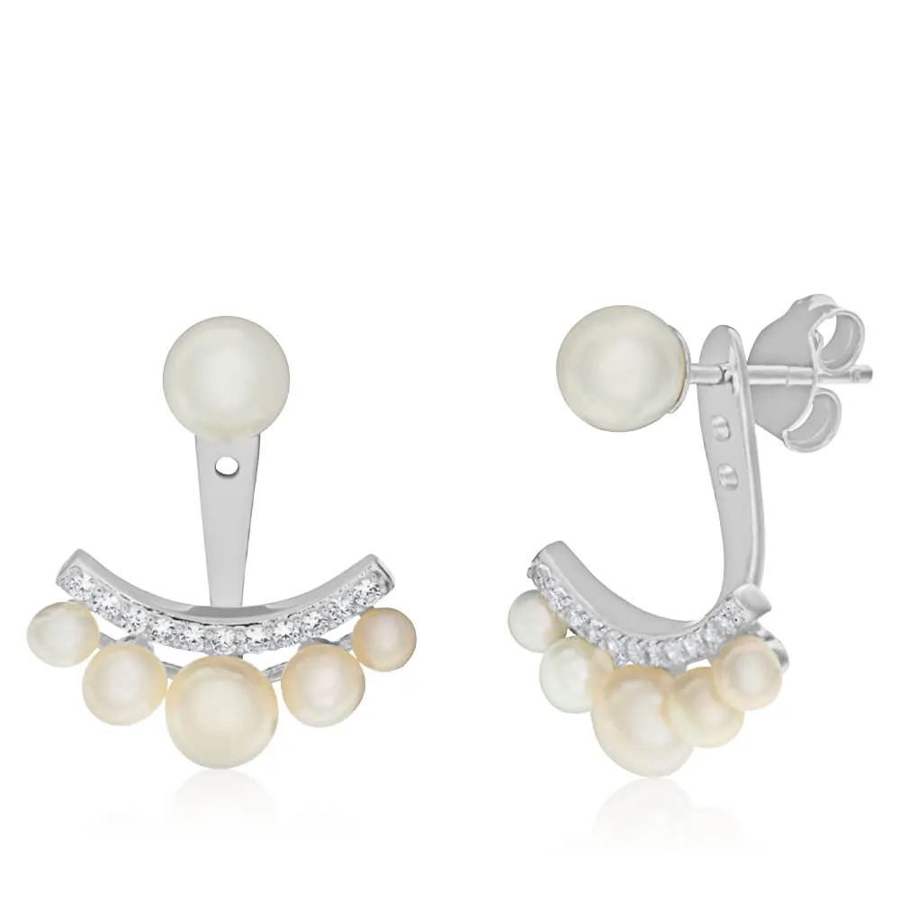 Sterling Silver Freshwater Pearl and Cubic Zirconia Ear Jacket Stud Earrings