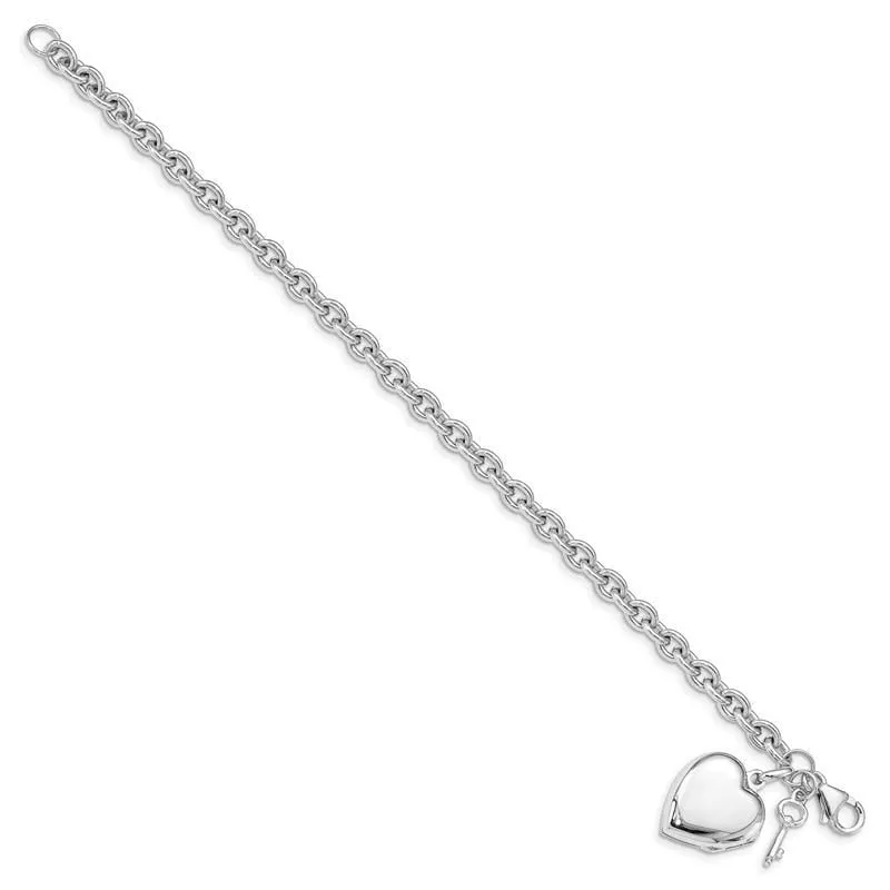 Sterling Silver Rhodium-plated Puffed Heart Locket & Key Bracelet