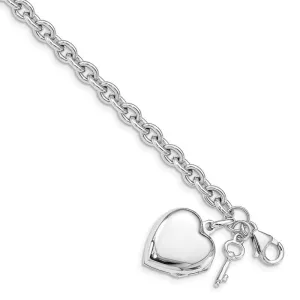 Sterling Silver Rhodium-plated Puffed Heart Locket & Key Bracelet