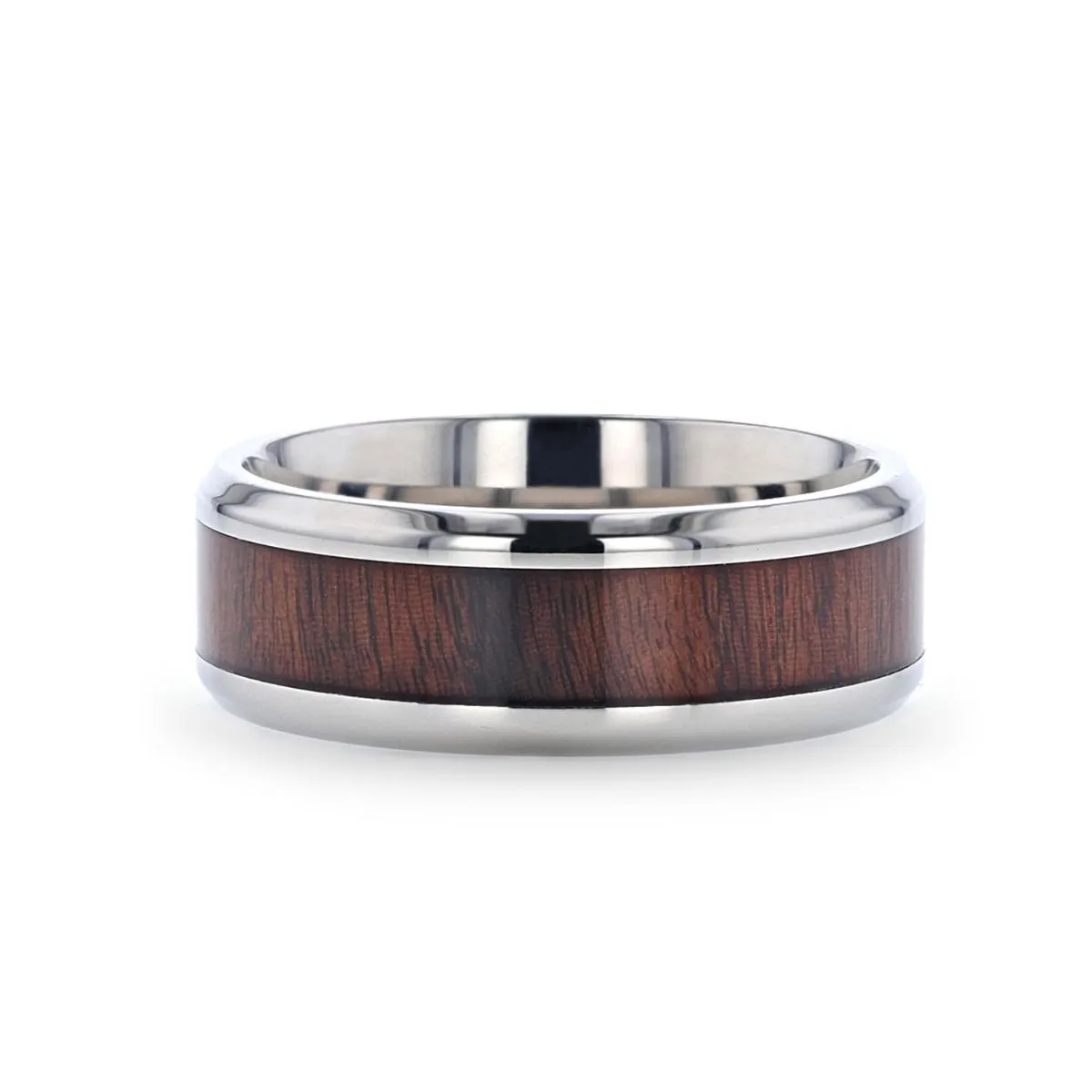 TALI | Silver Titanium Ring, Rose Wood Inlay, Beveled