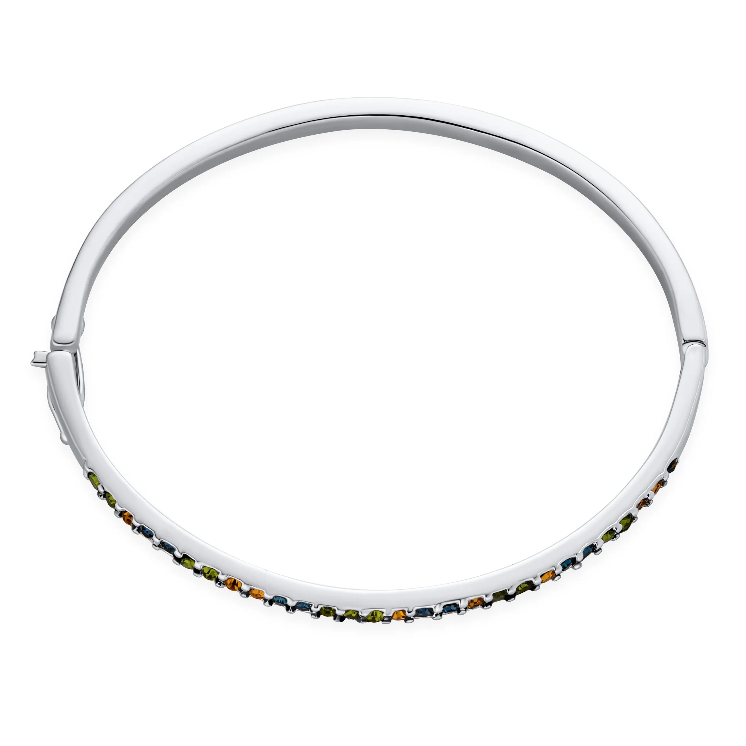 Thin Dainty Multi-Color CZ Bangle Bracelet, Silver Plated, 7-7.5 Inch