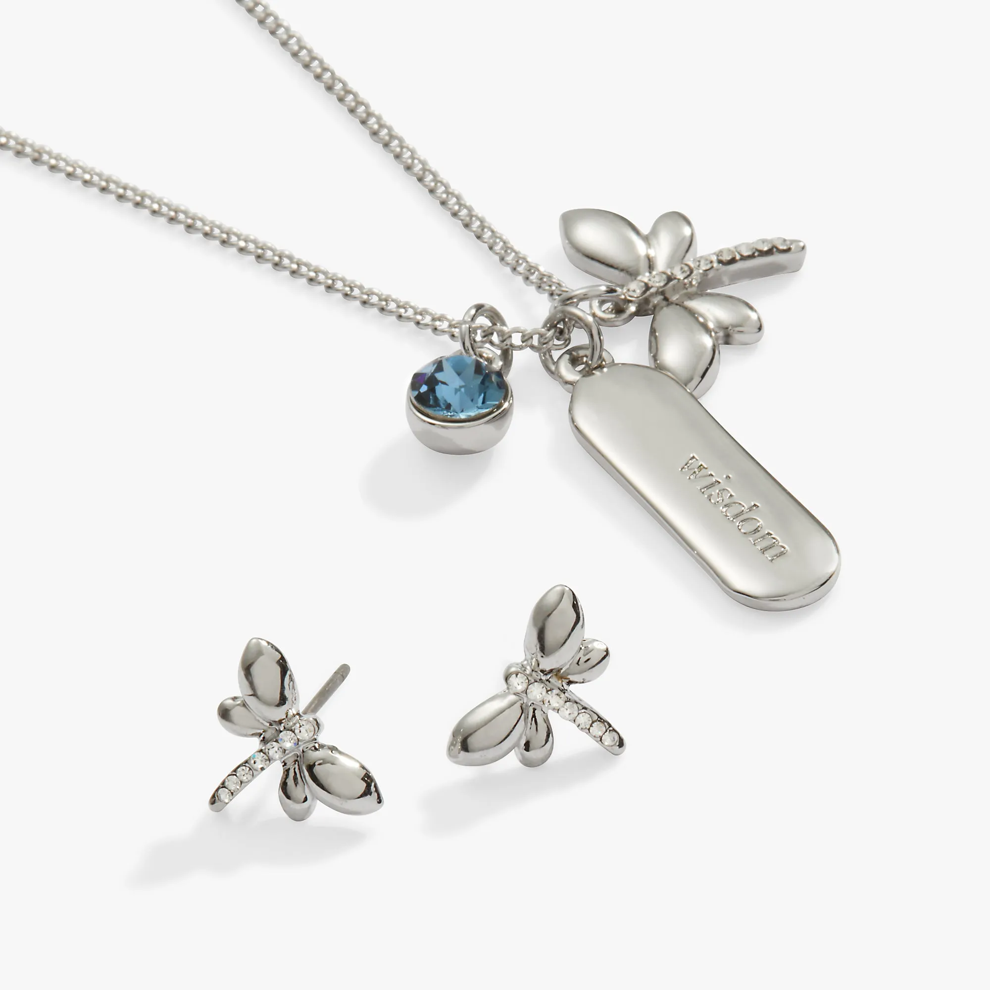 Wisdom Crystal and Dragonfly Charm Necklace and Earring Set