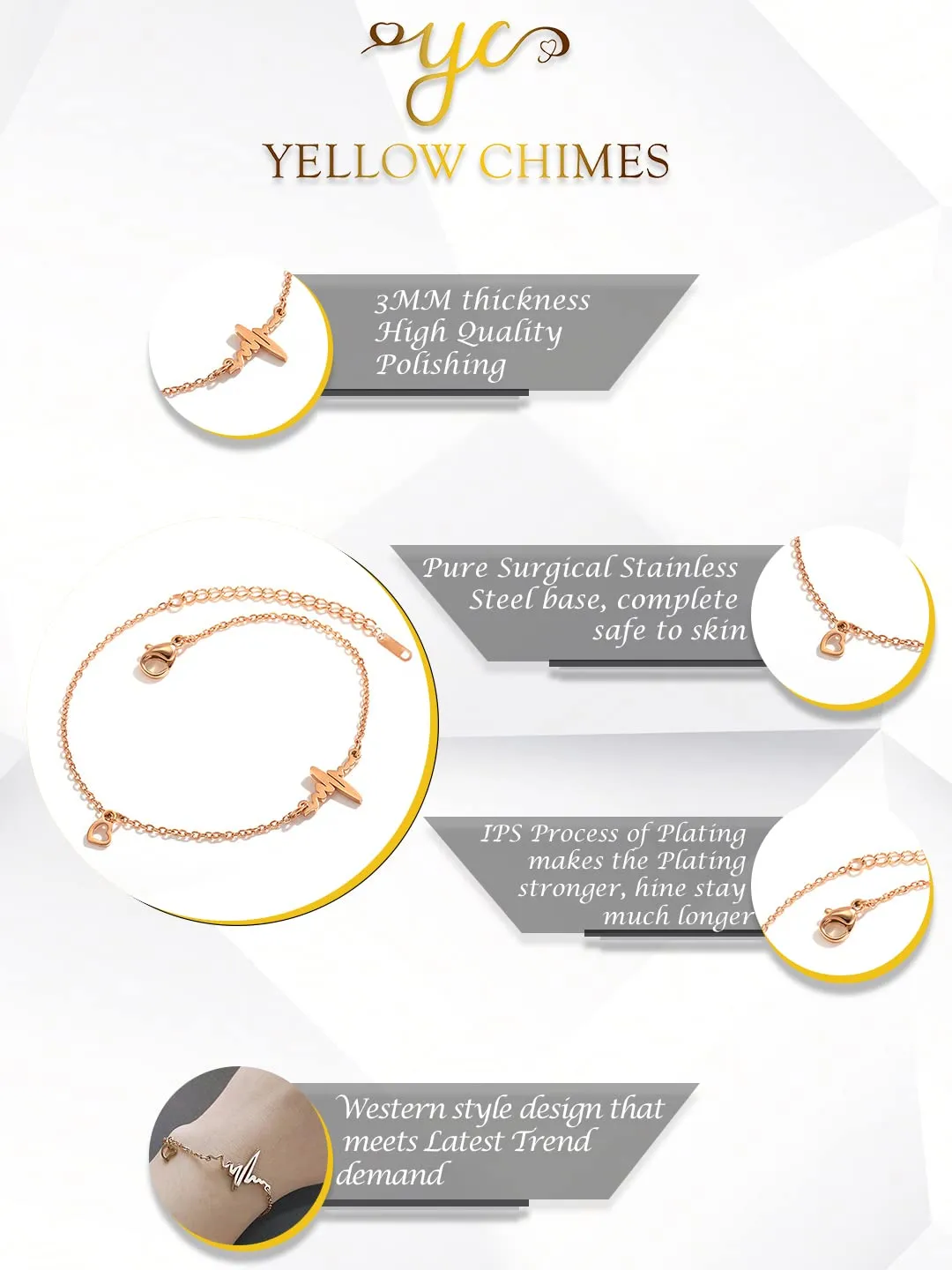 Yellow Chimes Anklets for Women Rose Gold-Plated Stainless Steel Heartbeat Charm Anklet For Women and Girls